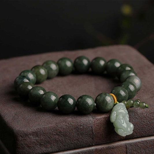 Green Jade Bracelet with Pixiu - Calming Energies & Invite Wealth