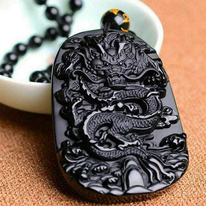 Natural Black Obsidian Dragon Necklace - Luck, Protection, Success