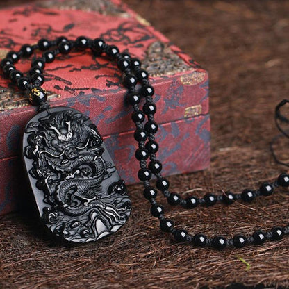 Natural Black Obsidian Dragon Necklace - Luck, Protection, Success