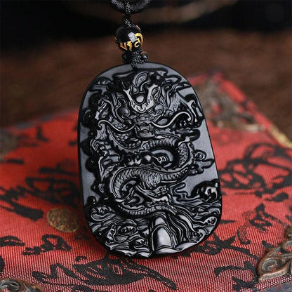 Natural Black Obsidian Dragon Necklace - Luck, Protection, Success