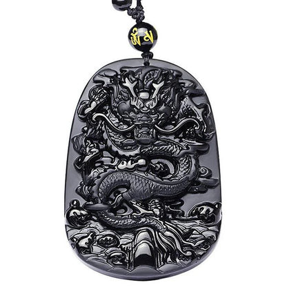 Natural Black Obsidian Dragon Necklace - Luck, Protection, Success