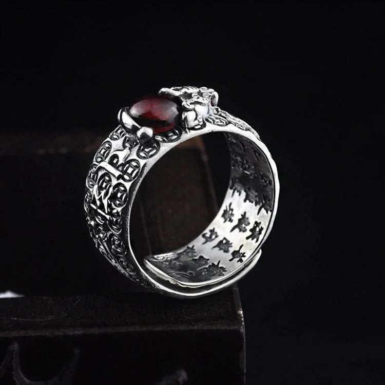 Natural Garnet Pixiu Ring- Feng Shui Wealth Ring