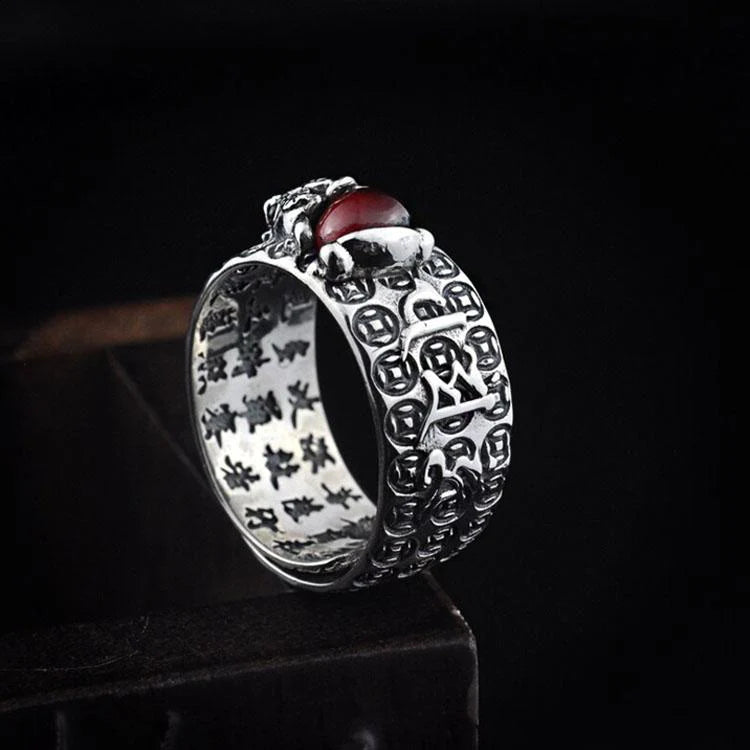 Natural Garnet Pixiu Ring- Feng Shui Wealth Ring