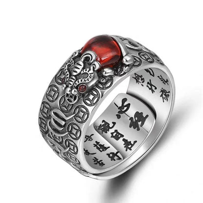 Natural Garnet Pixiu Ring- Feng Shui Wealth Ring