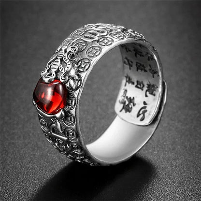 Natural Garnet Pixiu Ring- Feng Shui Wealth Ring