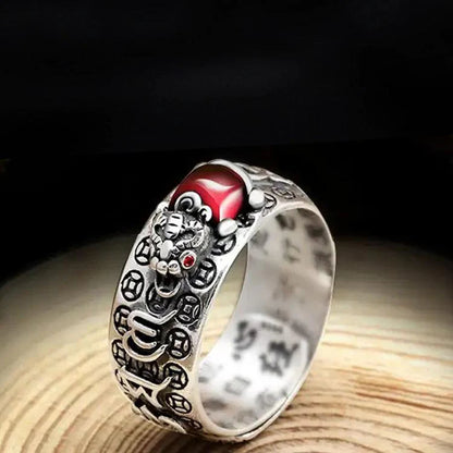 Natural Garnet Pixiu Ring- Feng Shui Wealth Ring