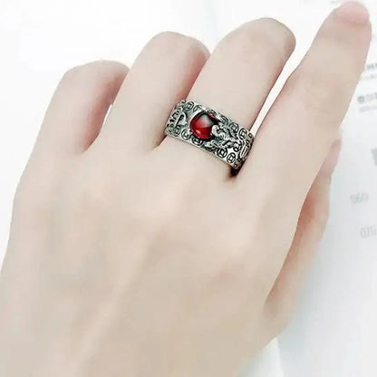 Natural Garnet Pixiu Ring- Feng Shui Wealth Ring