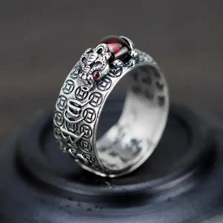 Natural Garnet Pixiu Ring- Feng Shui Wealth Ring